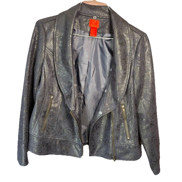 V Cristina Navy Blue Faux Leather Moto Jacket Snakeskin Print Size L Biker - Picture 5 of 9